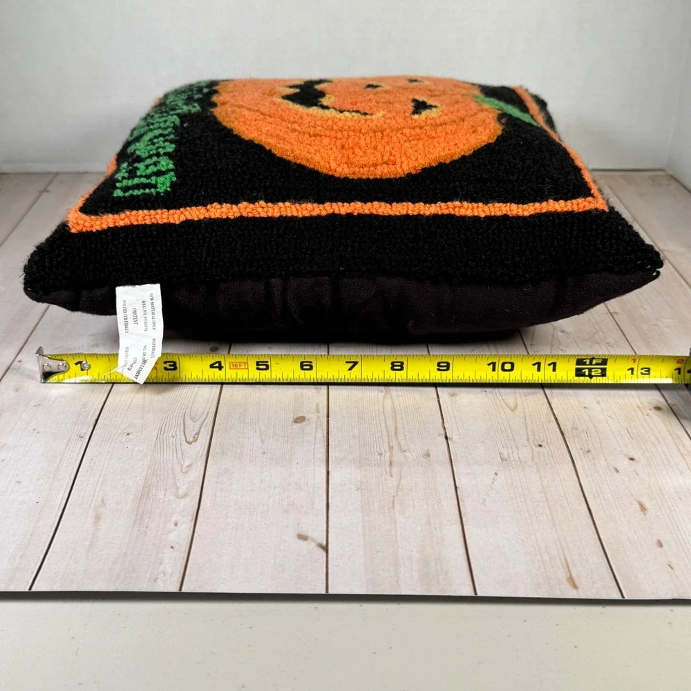 Happy Halloween Hooked Pumpkin Throw Pillow Jack-o-Lantern Black Orange 12x12